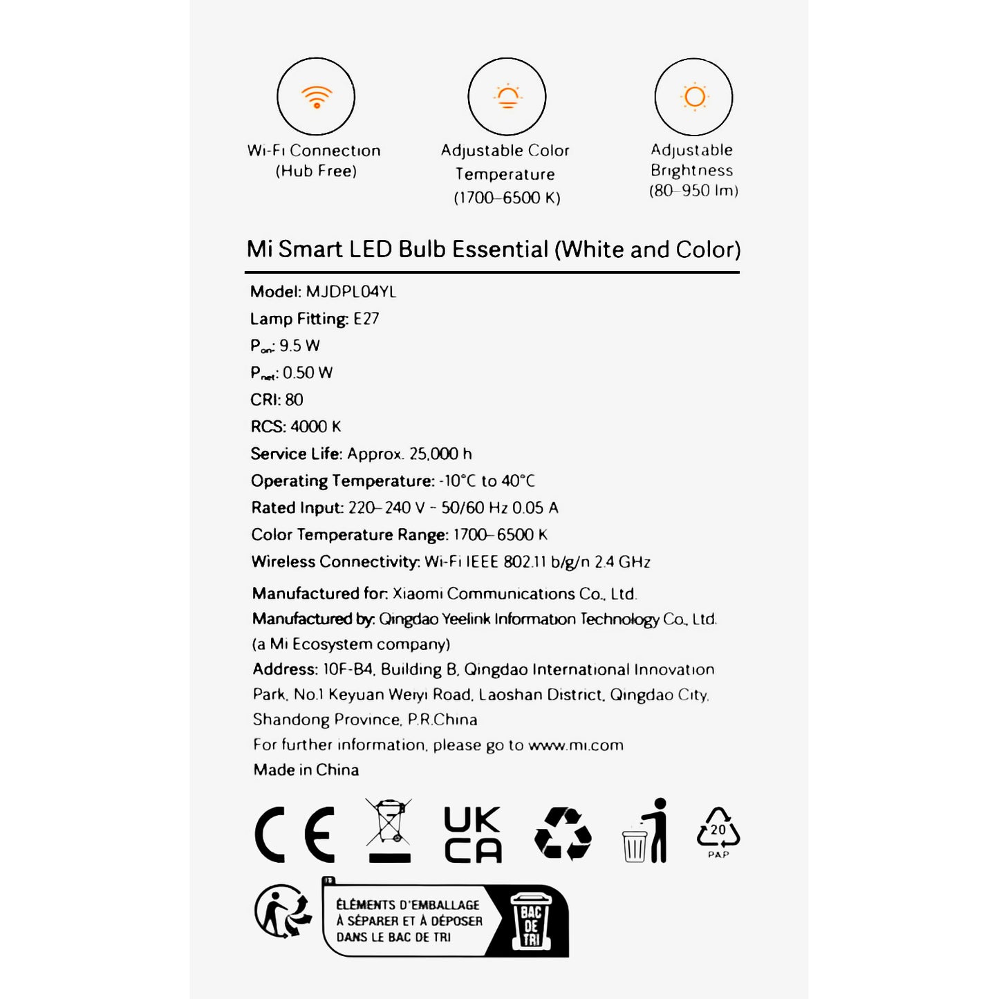 Xiaomi Essential LED-Lampe, Wi-Fi, E27, 9W, 1700K - 6500K, 950lm BHR5743EU BHR5743EU 
