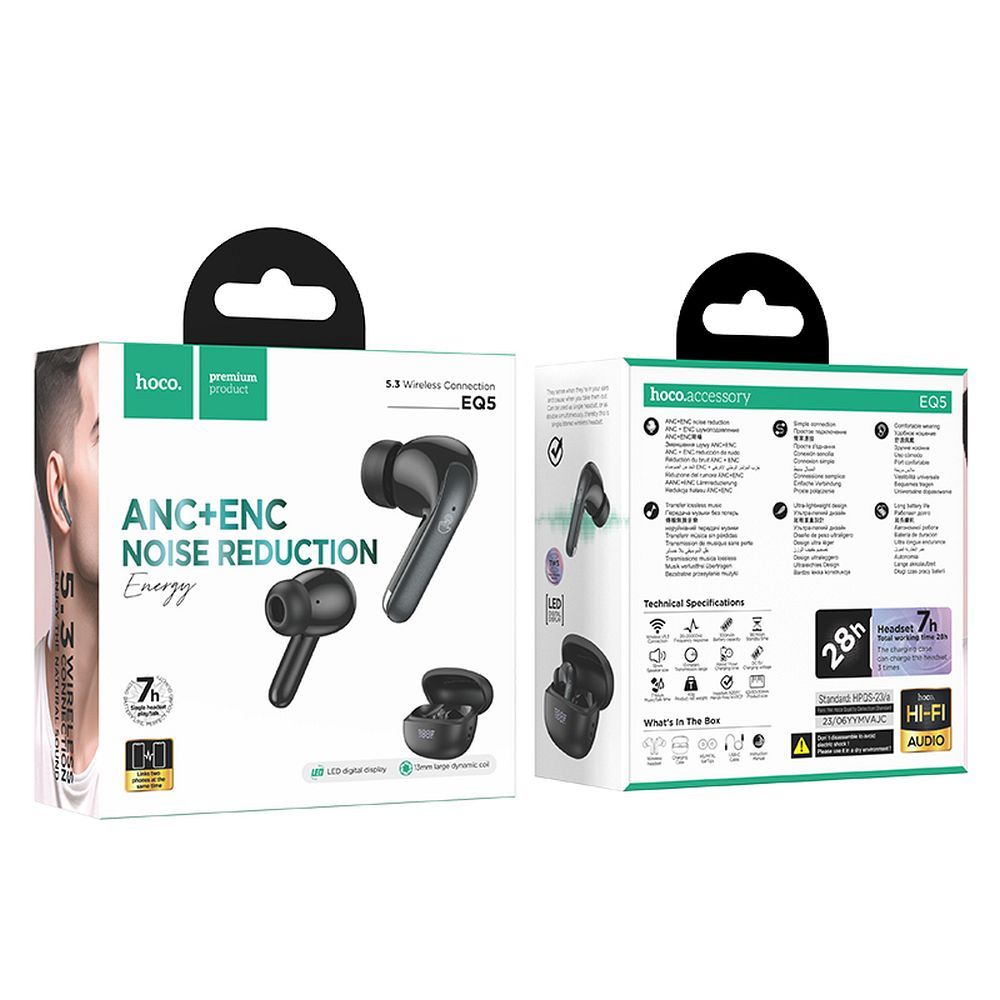 Bluetooth Handsfree Bluetooth HOCO EQ5, TWS, ANC, Black 
